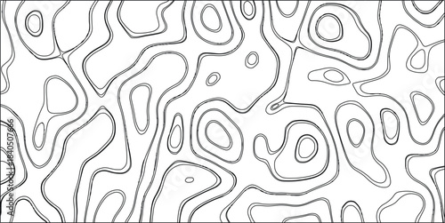 Black and white abstract organic wavy lines and shapes forming a continuous, flowing, and intricate pattern on a white background, resembling topographical maps or cellular structures