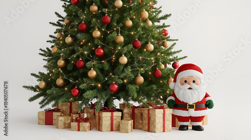 Ultra-Realistic Christmas Tree with Santa & Gifts on White Background