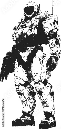 Futuristic Armored Soldier Character with Sci-Fi Weapon Standing, Monochrome Digital Art Concept for Military Technology and Strength