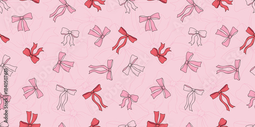 Bows and ribbons are a seamless pattern. Vector illustration of hair ornaments, gift wrappers, festive background.
