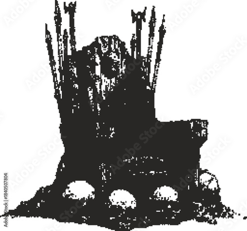 Dark Fantasy Throne with Skulls and Spears Illustration, Ancient Wooden Chair of Power and Death, Ominous King's Seat Graphic Element