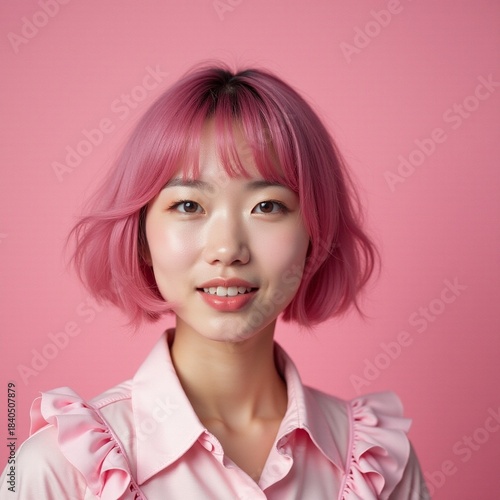 AI generated Modern aesthetic portrait of cheerful young woman with pink hair and delicate