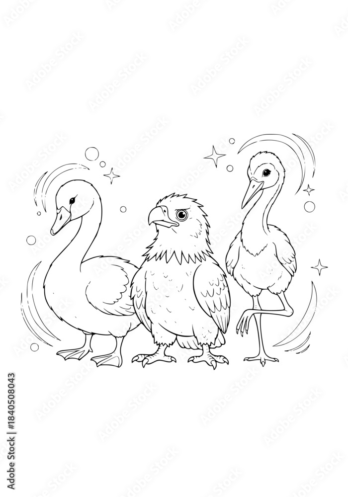 Obraz premium portrait of baby birds: swan, eagle, crane. coloring book