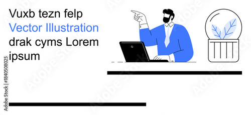 Business communication, workplace presentation, technology use, remote work, modern office decor, minimal design. Man working on a laptop and pointing. Business communication and workplace