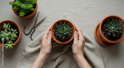 Hands Holding Haworthia Succulent in Terracotta Pot, Surrounded by Other Potted Plants
