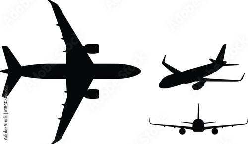 airplane, aircraft, aviation, flight, travel, transportation, jet, airline, silhouette, flying, sky, passenger, commercial, airliner, tourism, vector, black, transport, background, illustration