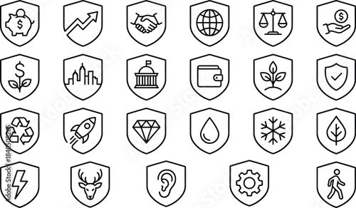 business, protection, finance, sustainability, innovation, security, growth, investment, economy, environment, technology, success, strategy, management, global, shield, vector, outline, icons, set