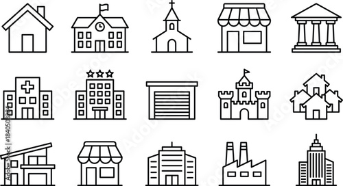 buildings, architecture, city, urban, house, school, church, shop, hotel, hospital, factory, office, public, infrastructure, real, estate, vector, outline, icons, set