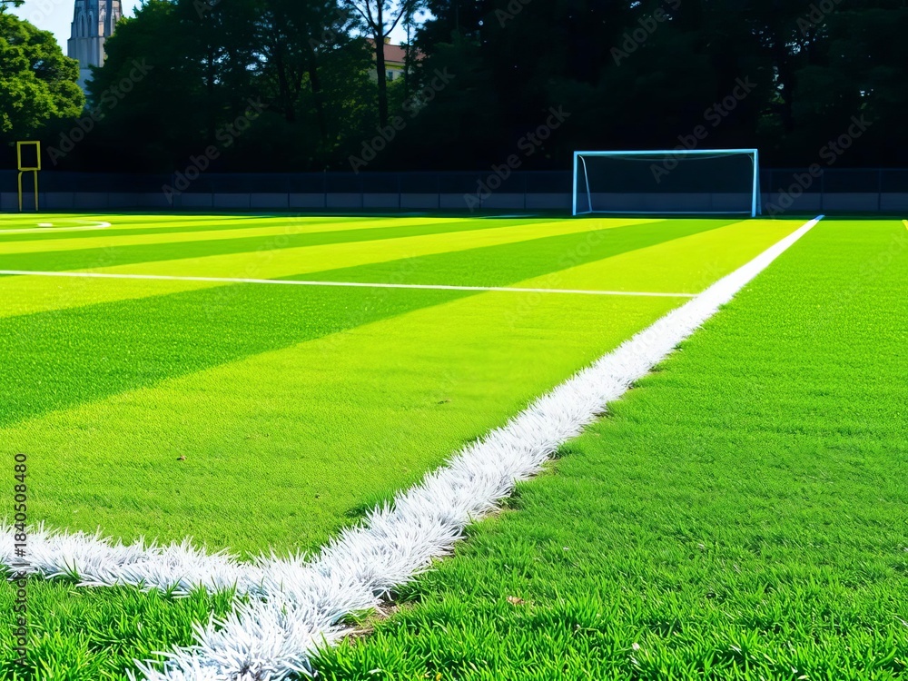 Fototapeta premium Vibrant green soccer field, manicured grass, white lines marking the boundaries, ready for play, empty field, landscape
