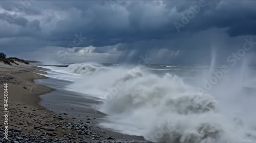 Powerful Ocean Waves Crashing Against a Concrete Structure Under a Dark Stormy Sky with Visible Rain Streaks Overhead
