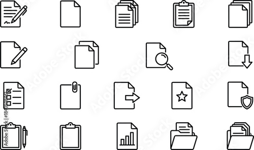 document, file, paperwork, office, management, workflow, business, report, checklist, folder, clipboard, writing, archive, download, upload, vector, outline, icons, set, collection