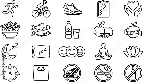 healthy, lifestyle, fitness, wellness, diet, nutrition, exercise, self care, workout, sport, meditation, water, food, sleep, weight, loss, balance, habits, vector, icons