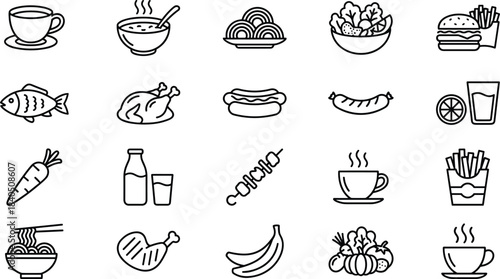 food, meal, dishes, drinks, coffee, tea, soup, salad, burger, fish, chicken, dessert, restaurant, cafe, menu, cooking, dining, vector, outline, icons