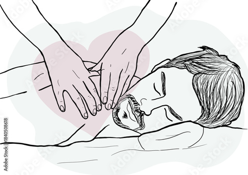 Man receiving a back massage from a masseur. The image is linear with a heart-shaped background.