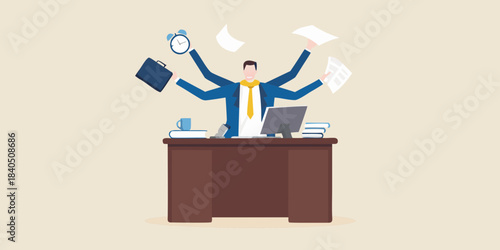 Overwhelmed businessman juggling multiple tasks at a busy office workspace