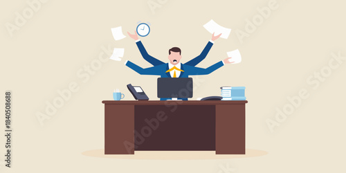 Overwhelmed businessman struggles with multitasking at a messy office desk