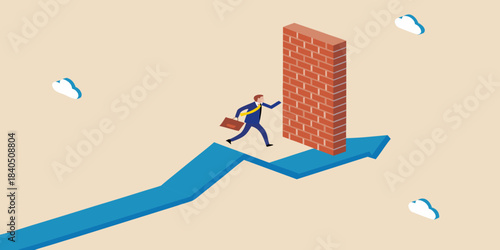 Business person scaling a brick wall atop an upward trending arrow