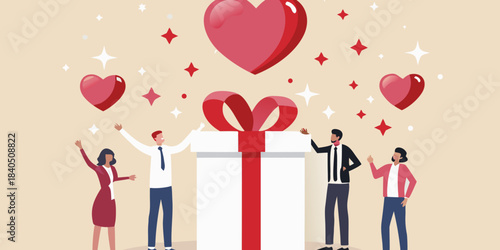 Celebration of love people gifting and receiving hearts and presents
