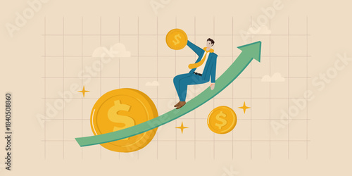 A businessman rides an arrow made of coins symbolizing financial growth