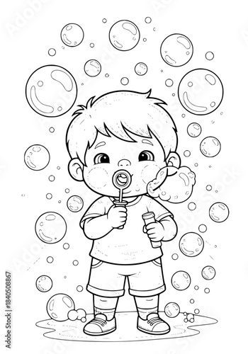 the boy launches soap bubbles. coloring book