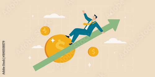 Businessman riding an arrow pointing upwards symbolizing financial success and growth