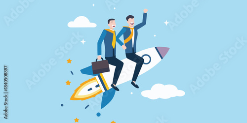 Businessmen launching on a rocket symbolizing success and growth in a modern style