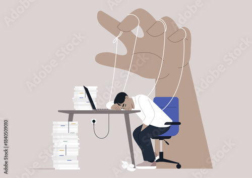 A person sits at a desk overwhelmed by towering stacks of papers, appearing defeated as a large hand pulls strings from above, showcasing the stress of manipulation at work