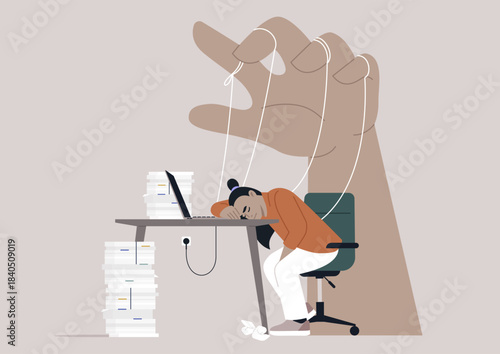 A person sits at a desk overwhelmed by towering stacks of papers, appearing defeated as a large hand pulls strings from above, showcasing the stress of manipulation at work