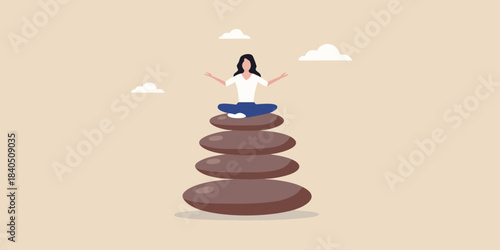 A woman meditating in a zen pose atop a stack of balancing stones