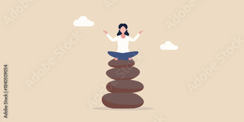 A woman meditating in a peaceful pose atop stacked stones and clouds