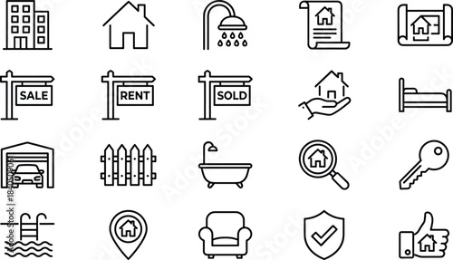 real estate, home, property, house, interior, architecture, rent, sale, mortgage, investment, building, security, living, bathroom, bedroom, vector, outline, icons, set, collection