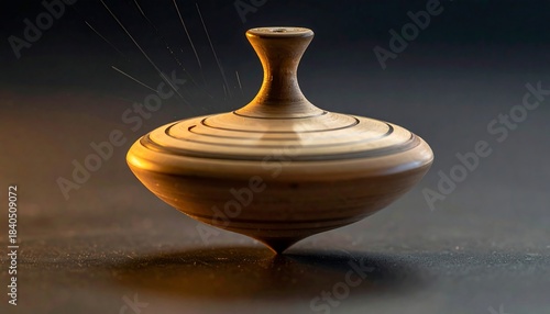 Wooden Spinning Top Toy on Dark Background.
