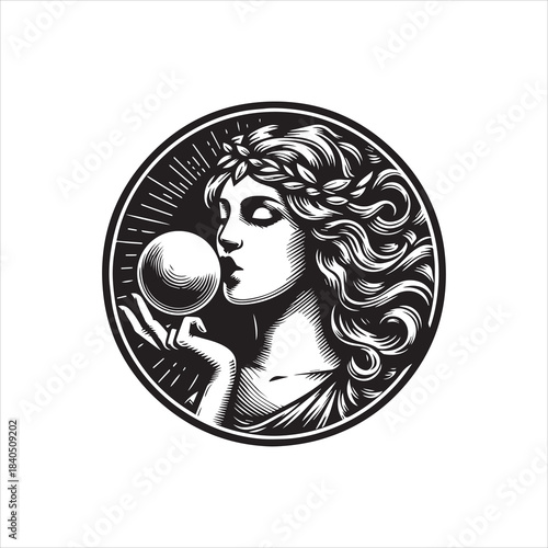 Elegant Goddess with Orb Logo Vector Illustration - Ancient Mythological Emblem