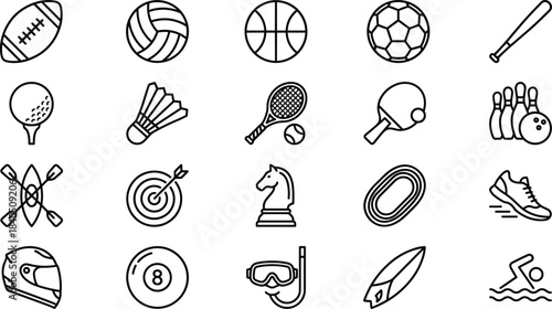 sports, fitness, equipment, recreation, training, game, ball, outdoor, indoor, activity, competition, exercise, athlete, play, hobby, vector, outline, icons, set, collection