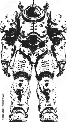 A detailed illustration of a robust futuristic power armor or robot suit, rendered in a unique stippled, pixelated, or dot matrix style, standing ready for advanced operations or combat.