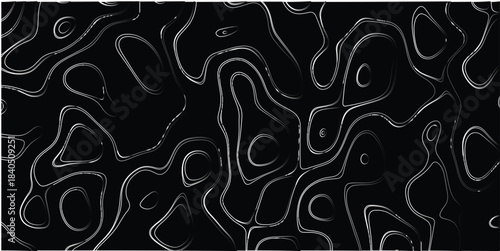 Abstract swirling lines in black and white with subtle gray gradients create a dynamic, organic, and visually complex topographic or contour map-like pattern on a dark background. Keywords