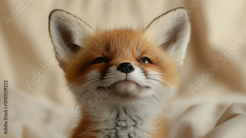 Little red fox cub looking up, displaying soft orange fur and white chest fur, captivating with its cute facial expression and curious gaze, wild animal portrait