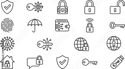 security, privacy, protection, cybersecurity, lock, key, encryption, password, shield, fingerprint, safety, access, data, digital, secure, network, hack, identity, vector, icons