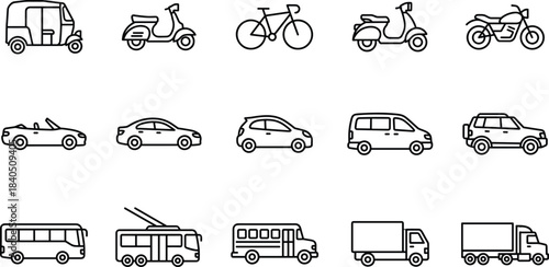 transportation, vehicle, mobility, travel, traffic, city, urban, transport, delivery, logistics, bicycle, scooter, car, bus, truck, icons, vector, outline, set, collection