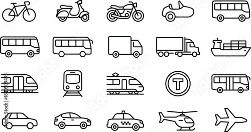 transportation, travel, vehicle, mobility, logistics, delivery, transit, city, urban, traffic, public, freight, road, air, sea, vector, outline, icons, set, collection