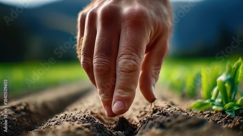 Hand planting seed in soil agriculture farming