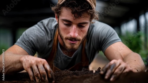Man working in soil inside greenhouse