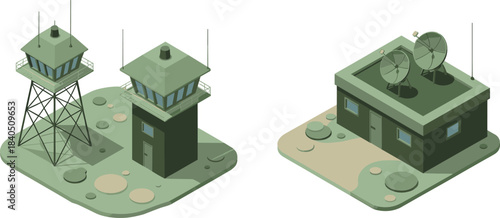 3D isometric illustration of military communication buildings with watchtower, radar antennas, control center, surveillance base, and defense facility