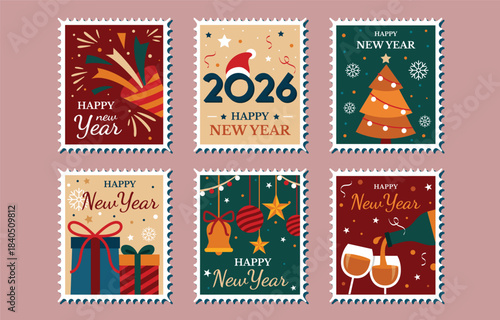 New year celebration postage stamps collection, festive holiday illustrations for greeting cards and invitations, happy new year 2026