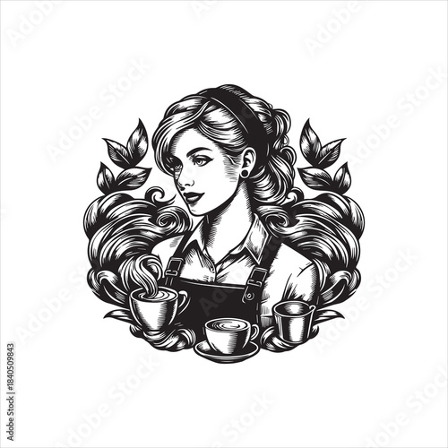Charming Barista Logo Vector Illustration - A Beautiful Woman with Coffee