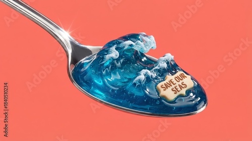 Fototapeta Naklejka Na Ścianę i Meble -  Silver spoon holding blue ocean wave and save our seas biscuit on pink background