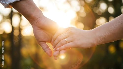 Romantic Couple Holding Hands in Golden Sunset Light, Symbolizing Love and Commitment.