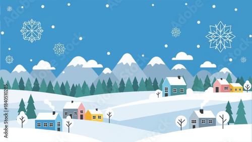 A vector illustration of a winter landscape scene with snow, trees, and a village under a blue sky