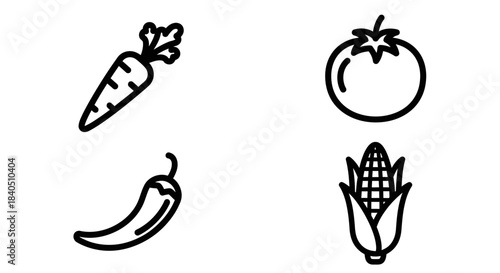 Line Art Illustration of Fresh Vegetables - Carrot, Tomato, Chili, and Corn.