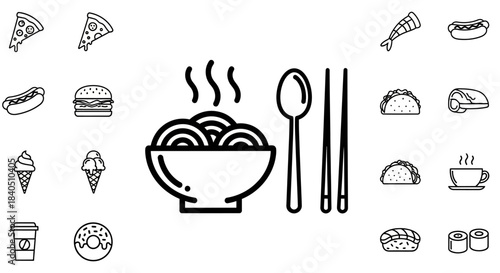 Line Art Illustration of Various Food Items.